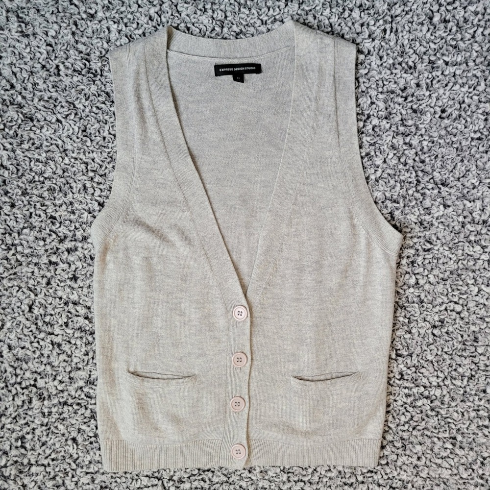 Express grey knit sweater vest v neck preppy minimalist academia business office